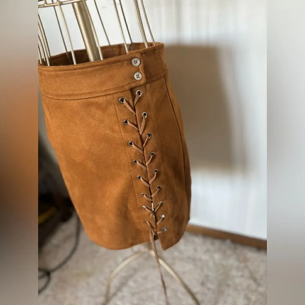 Dance & Marvel Faux Suede Lace Up Mini Skirt Tan Size Small